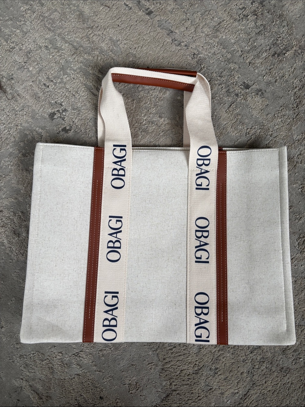 Obagi Cream Canvas Tote with Brown Trim and Logo Straps